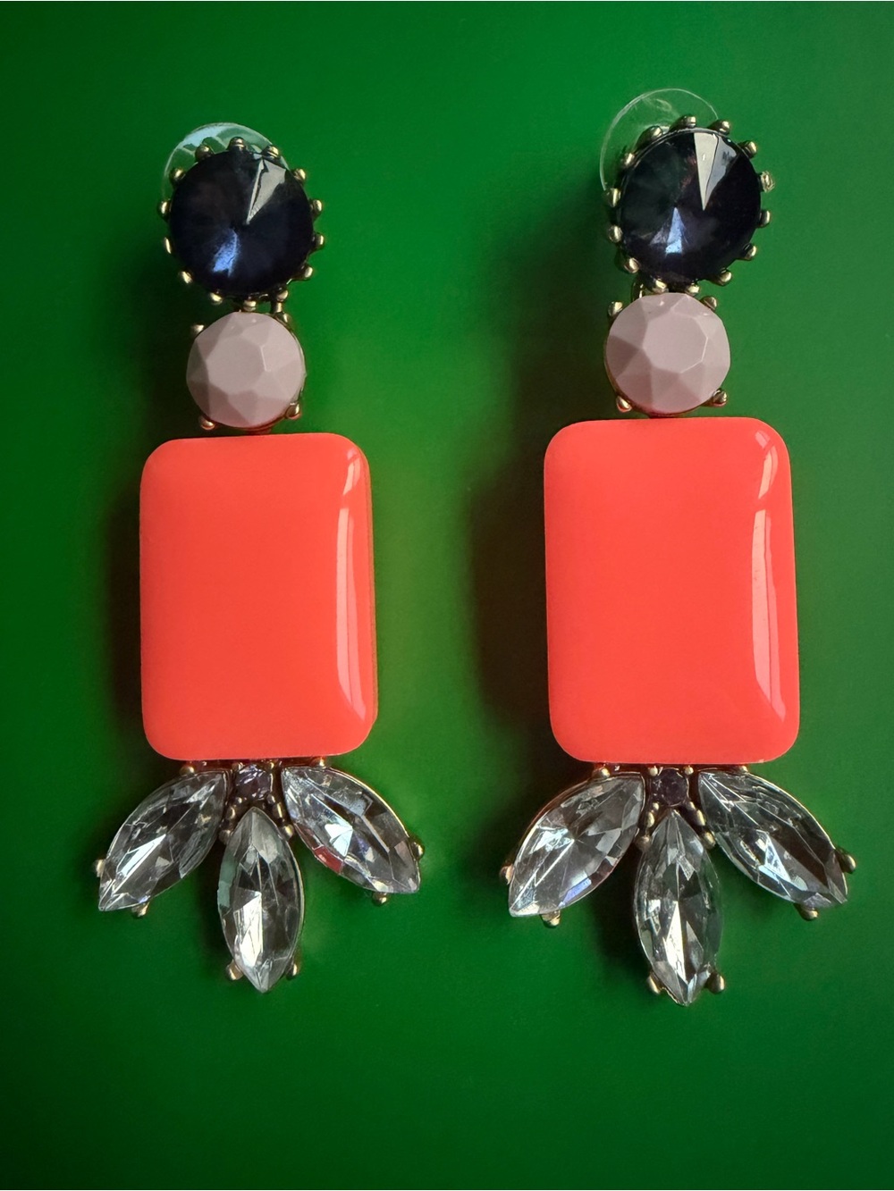 Vintage J. Crew Coral Drop Earrings with Navy and Clear Accents